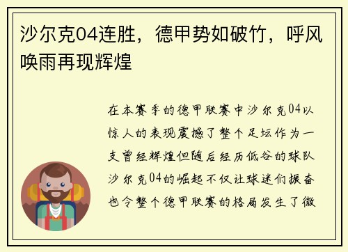 沙尔克04连胜，德甲势如破竹，呼风唤雨再现辉煌